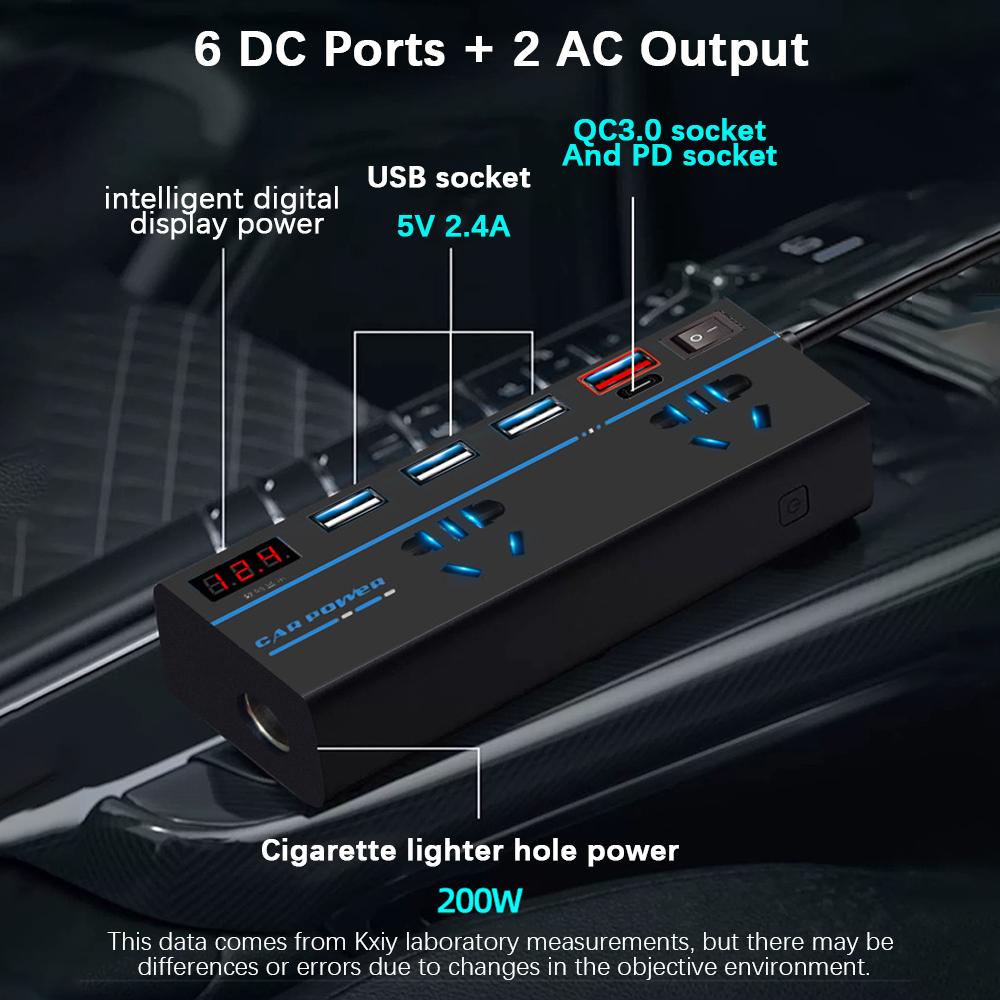 200W Car Inverter DC 12V/24V To AC 110V/220V Converter 8 Ports Sockets ON/OFF Switch USB/PD/Type-C Chargers QC 3.0 Power Adapter
