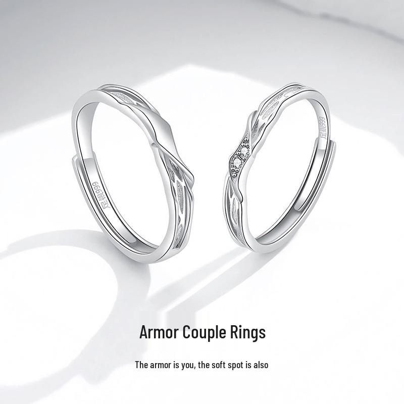 Sterling Silver Couple Rings: Twisted Pattern, Diamond Inlay, Open Design – Perfect for Anniversaries.