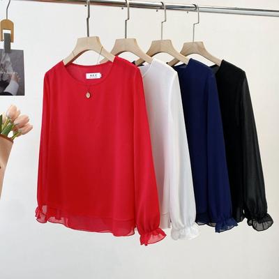 Spring and Summer New Women's Round Neck Long-sleeved Bottoming Top Loose Thin Outer Chiffon Shirt