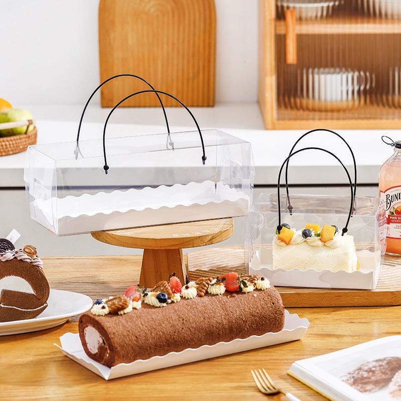 Portable Cake Roll Transparent Box Western Style Dessert Packaging Boxes Rectangular Pastry Case 10pcs Handheld Swiss Roll Cases Double-sided Laminat