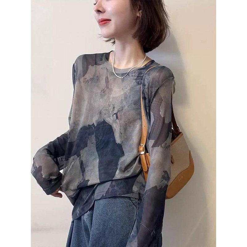 Hong Kong-style Retro Chic Smudged Long-sleeved Sunscreen Blouse Women's Summer New Temperament Lazy Wind Loose Top