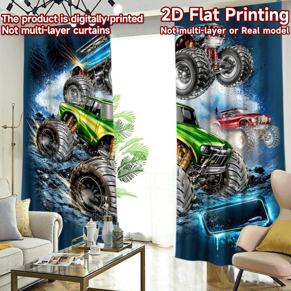 2D FLAT PRINTING 2pcs Curtains (Without Rod) Monster Truck Splashing Popular Creative Curtains Machine Washable Fabric Curtains