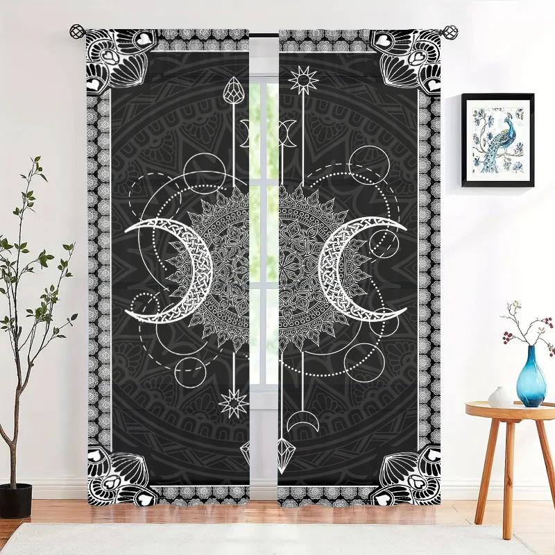 2 Pieces, Sun and Moon Mandala Semi Transparent Curtains - Rod Pockets - Living Room, Bedroom and Other Home Decorations