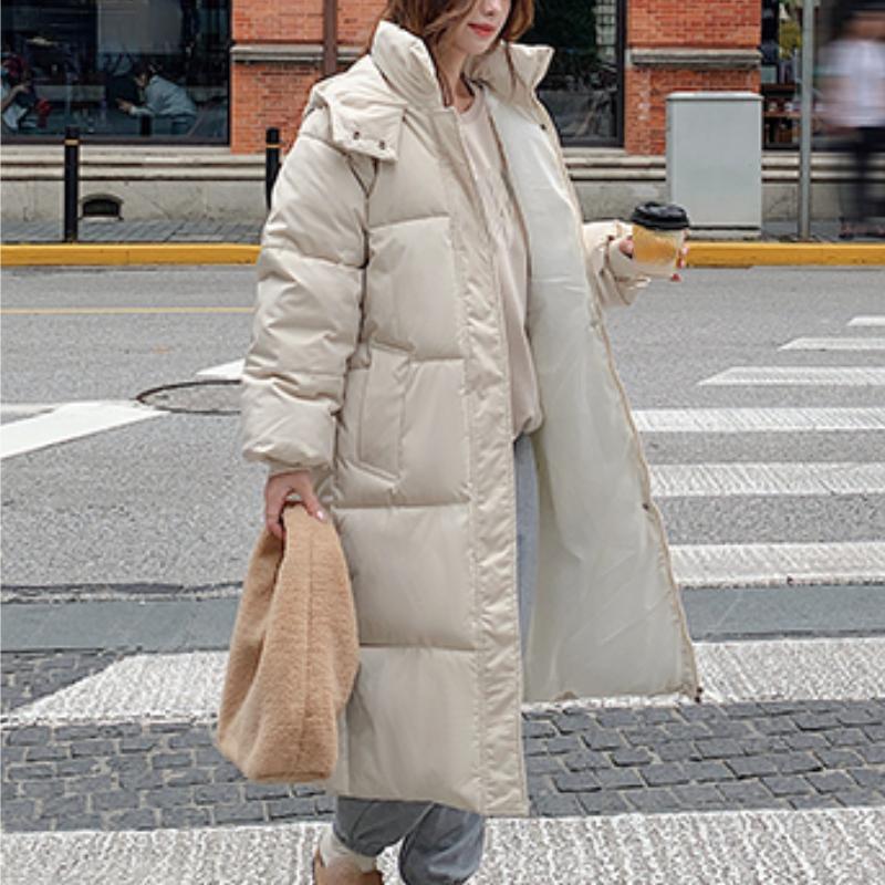 HELIAR Women Autumn Thicken Warm Hooded Long Coat Zipper Button Pocket Casual Down Coat Office Coat Long Sleeve Parkas Winter
