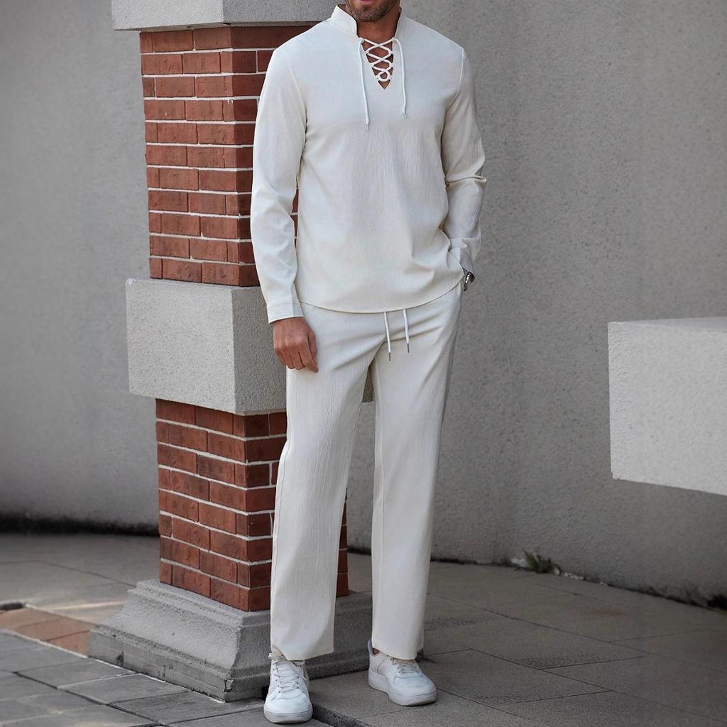 Men's Henry Shirt Casual Beach Stand Up Collar Chest Tie Solid Color High Rise Shirt Pants Set