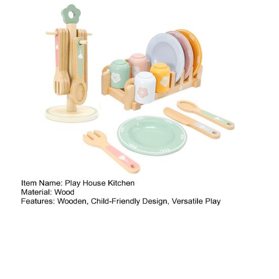 Wooden Kitchen Toy Set for Kids Wood Dinnerware Playset with Plates Cups Cutlery And Holders Simulated Play House Kitchen Pretend Toy Gift
