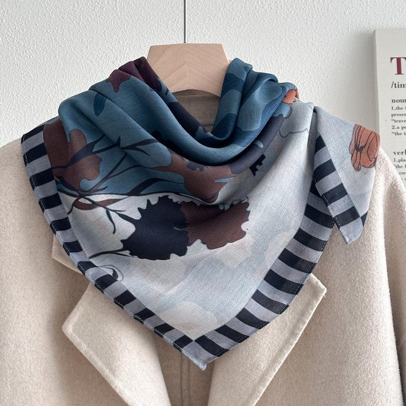 Chinese Camellia Red Cotton and Linen Feel Scarf Women's Small Square Scarf Spring, Autumn and Winter Thin Neck Multifunctional Scarf