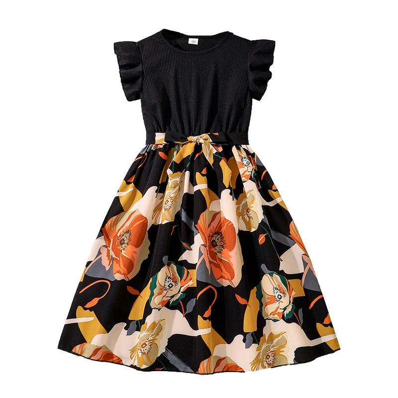 Girls Princess Dress Summer Children's Fashion Print Patchwork Short Sleeve Dress