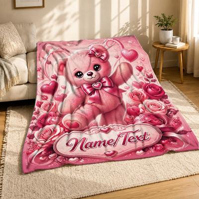 Pink Teddy Bear Hearts And Roses Coral Fleece Blanket