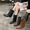 Retro Western Cowboy Stiefel für Damen Frühling Herbst Neu Mittlere Wade Hohe Absätze Hosenstiefel Damen Spitzzehe Dick Absatz Knöchel Stiefelette