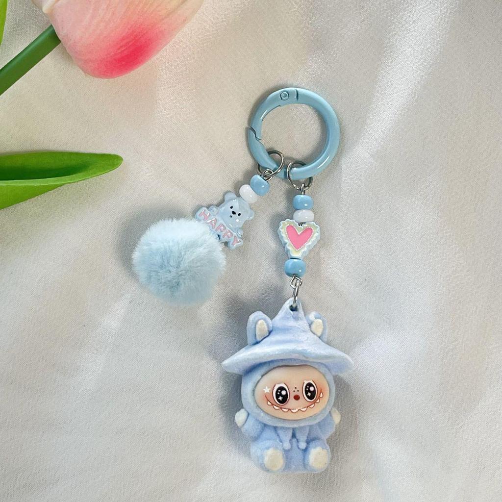 Flocking Labubu Doll Keychain - Cute 3-Year-Old Grain Doll DIY Mobile Phone Jewelry Accessory