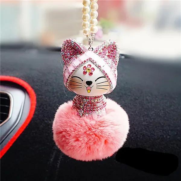 Cute Car Pendant Lovely Lucky Cat Rhinestone Chinese Style Cartoon Plush Fur Ball Decoration Hanging Ornaments Auto Accessories