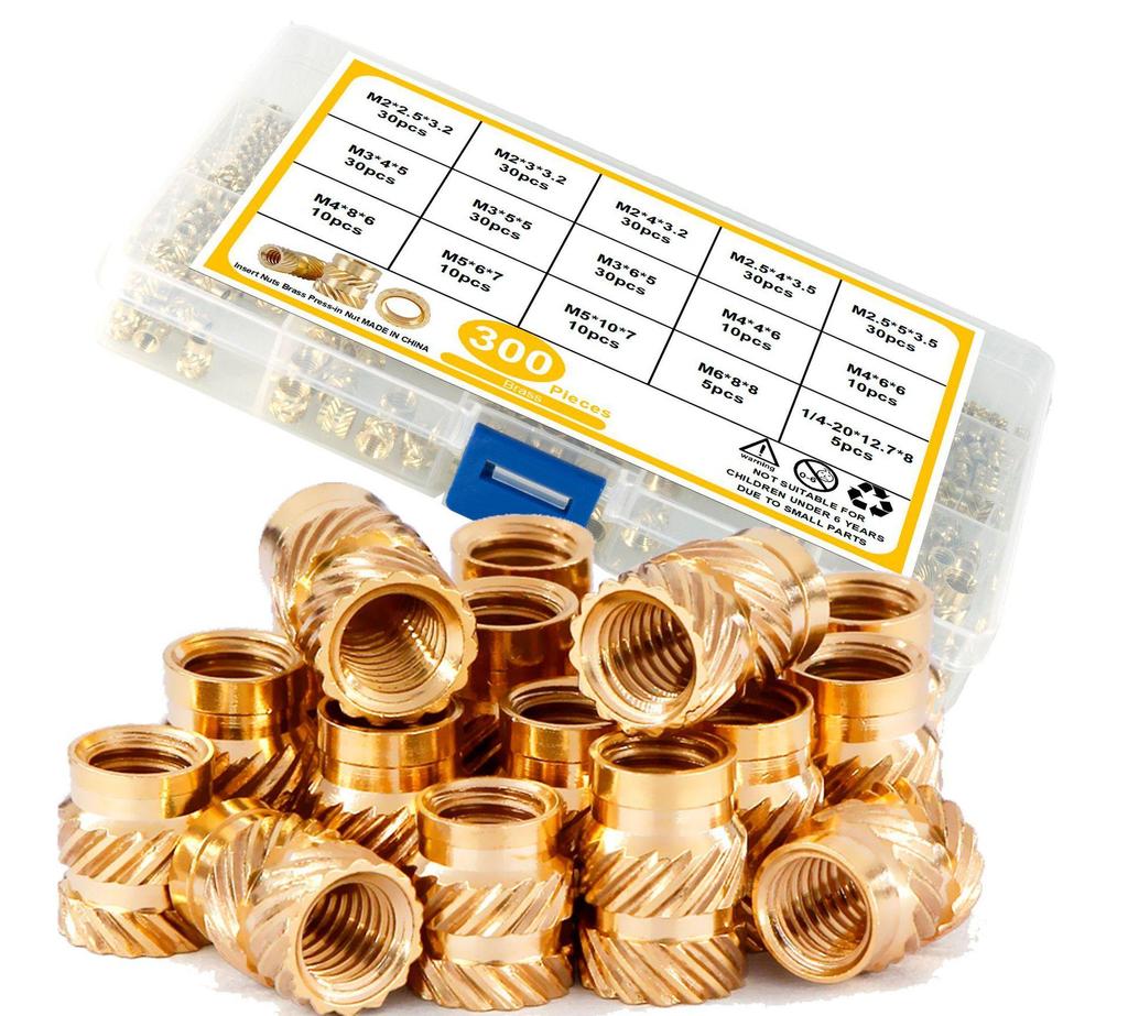 300pcs Threaded Inserts M2 M2.5 M3 M4 M5 M6 1/4-20 Insert Nuts Brass Threaded Bushing