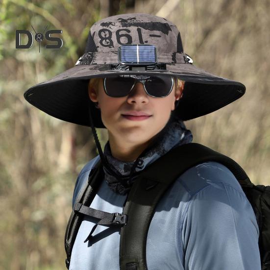 Sonnenhut mit solarbetriebenen Doppelventilatoren, breitkrempiger Outdoor-Angelhut mit USB-Aufladung, atmungsaktiver Fischerhut aus Netzstoff