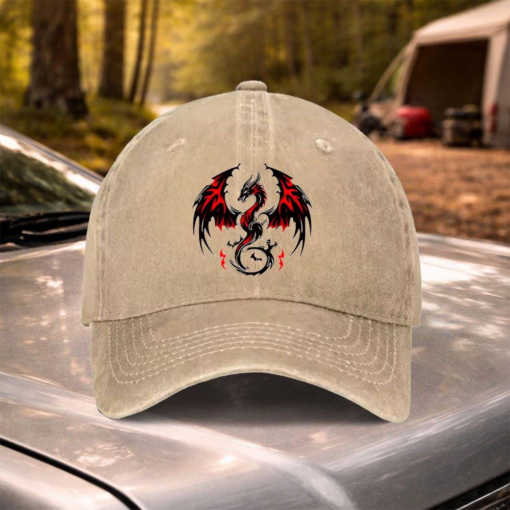 Vintage Washed Baseball Cap with Red Black Dragon Totem Adjustable for Weddings Parties Festivals Cycling Camping