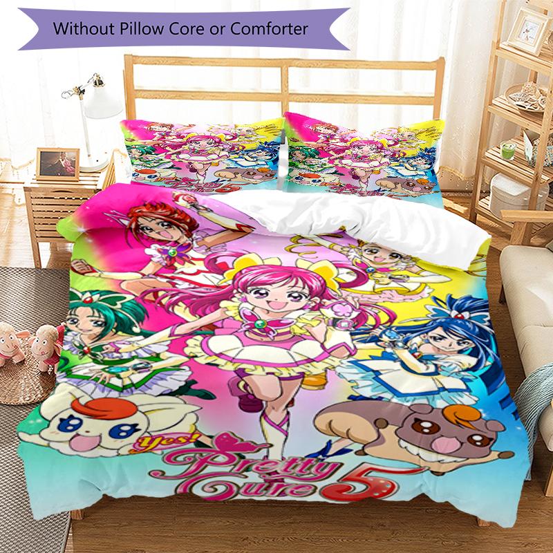 3pcs Pretty Cure2 Design Cover Set - HD Printed Bedding with 1 Cover and 2 Pillowcases - Perfect for Home and Dorm Decor