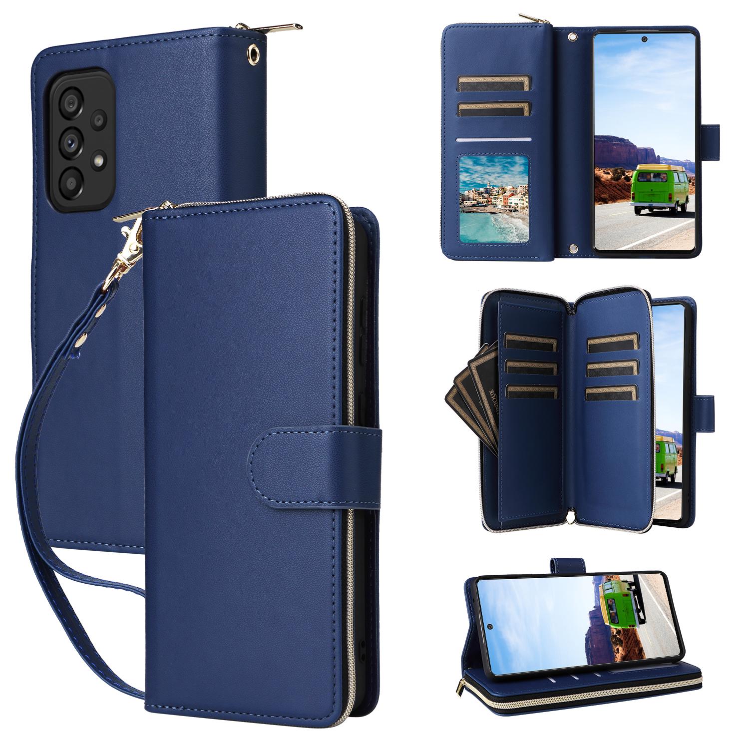 

R20 For Samsung Galaxy A53 5G Case Zipper Leather Phone Cover with 9 Card Slots Blue