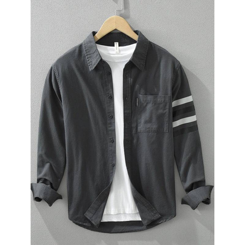 Spring and Autumn Long Sleeves Shirt Men Casual Overshirt Pure Cotton Japanese Style TB Hong Kong Style Artsy Tide Easiest for Match Tops