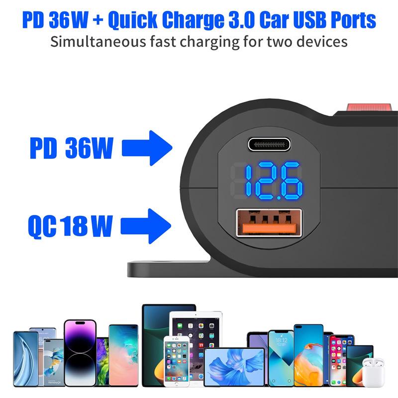 Car Phone Charger Adapter PD QC3.0 Socket 120W Cigarette Lighter Power Adapter Fast Charging 12/24V with Voltmeter On/off Switch