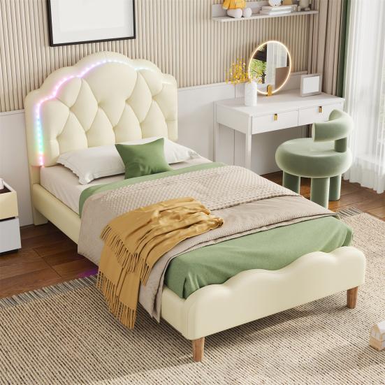 Upholstered Bed Running Light Effect Higher Bed Feet Without Mattress Wavy Headboard Changing LED Strip Sleep Faux Leather Dorm Apartment Single Bed