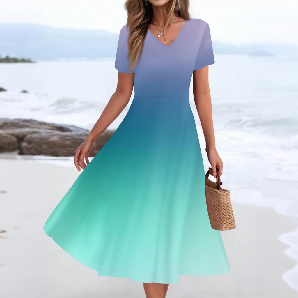 Damen Sommer Freizeitmode Druck Tasche Kurzarm V-Ausschnitt Schwingkleid