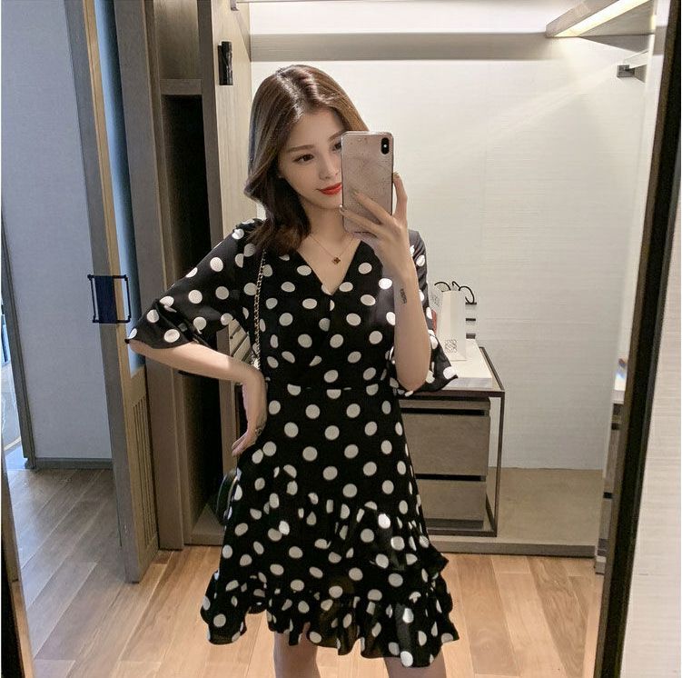 Summer new medium and long V-neck polka dot ruffle edge waist dress women's retro slim skirt