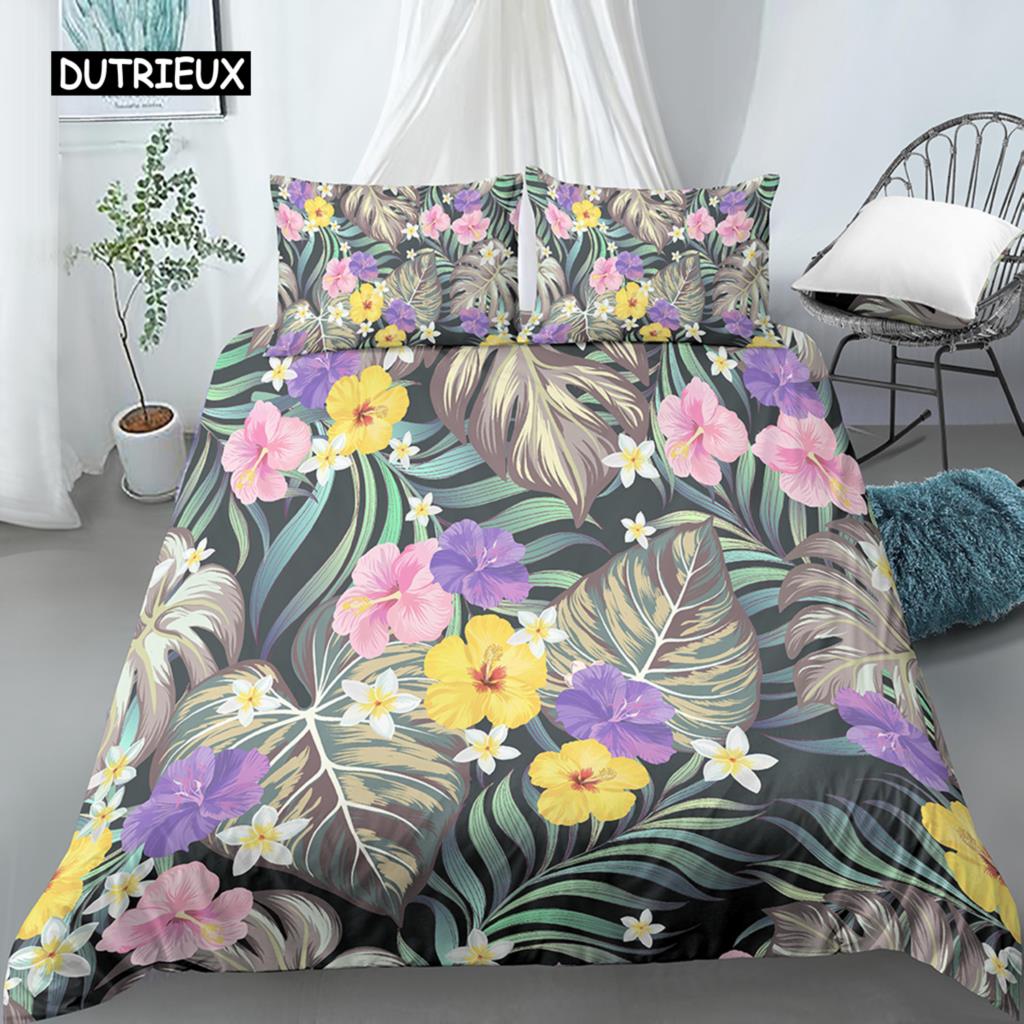 Blätter und Blumen Bettbezug-Set King Size Palmblätter Rosa Blumendruck Steppdeckenbezug für Mädchen Jungen Polyester 2/3-teiliges Bettwäscheset