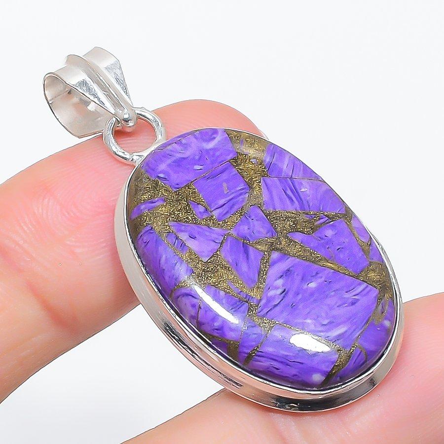 Natural Copper Charoite Gemstone 925 Sterling Silver Jewelry Pendant 1.89" F9Y77