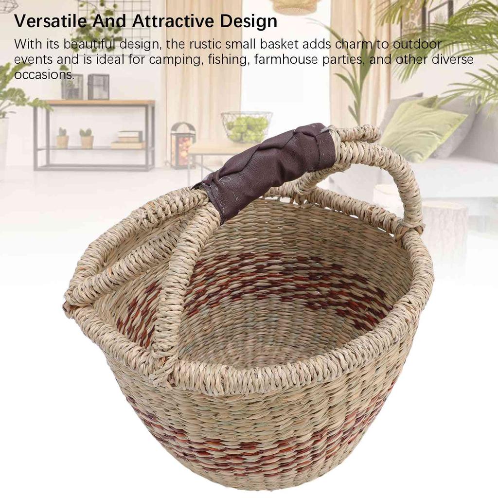 Picnic Basket Seagrass Woven Decorative Rustic Small Storage Basket with Handle for Desk Organizing