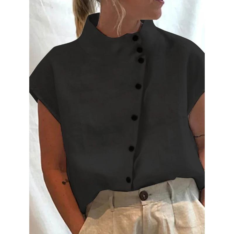 Stand Color Buttons Summer Women Blouse Casual Loose Fashion Shirts Solid Color Office Streetwear Simple Short Sleeve Tops New Sweet Clothing
