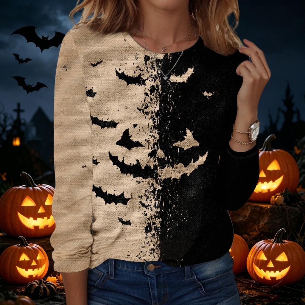 Women's Long Sleeve Pullover Sweatshirt Halloween Print Round Neck Casual Top Lightweight Comfortable Fit