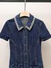 Women's Autumn French Style Rhinestone Turn-Down Collar A-Line Denim Dress
