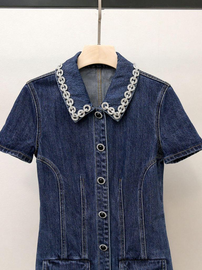 Women's Autumn French Style Rhinestone Turn-Down Collar A-Line Denim Dress