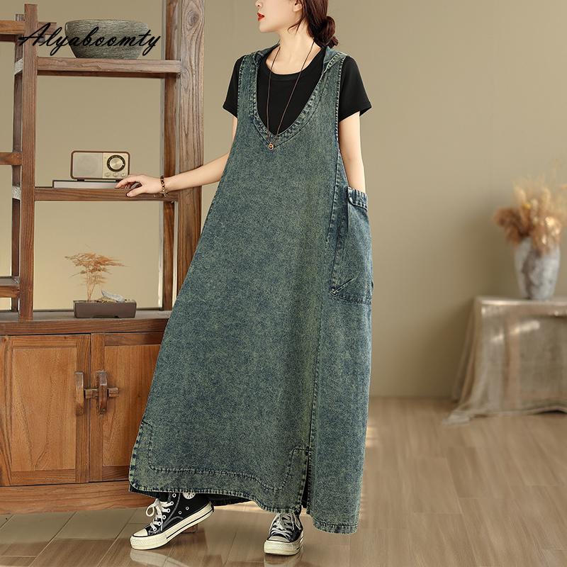 2026 Plus Size Spring Summer Women Tank Midi Dress Hooded V Neck Casual Loose Baggy Vintage Dress Sleeveless Denim Split Dress With Pocket