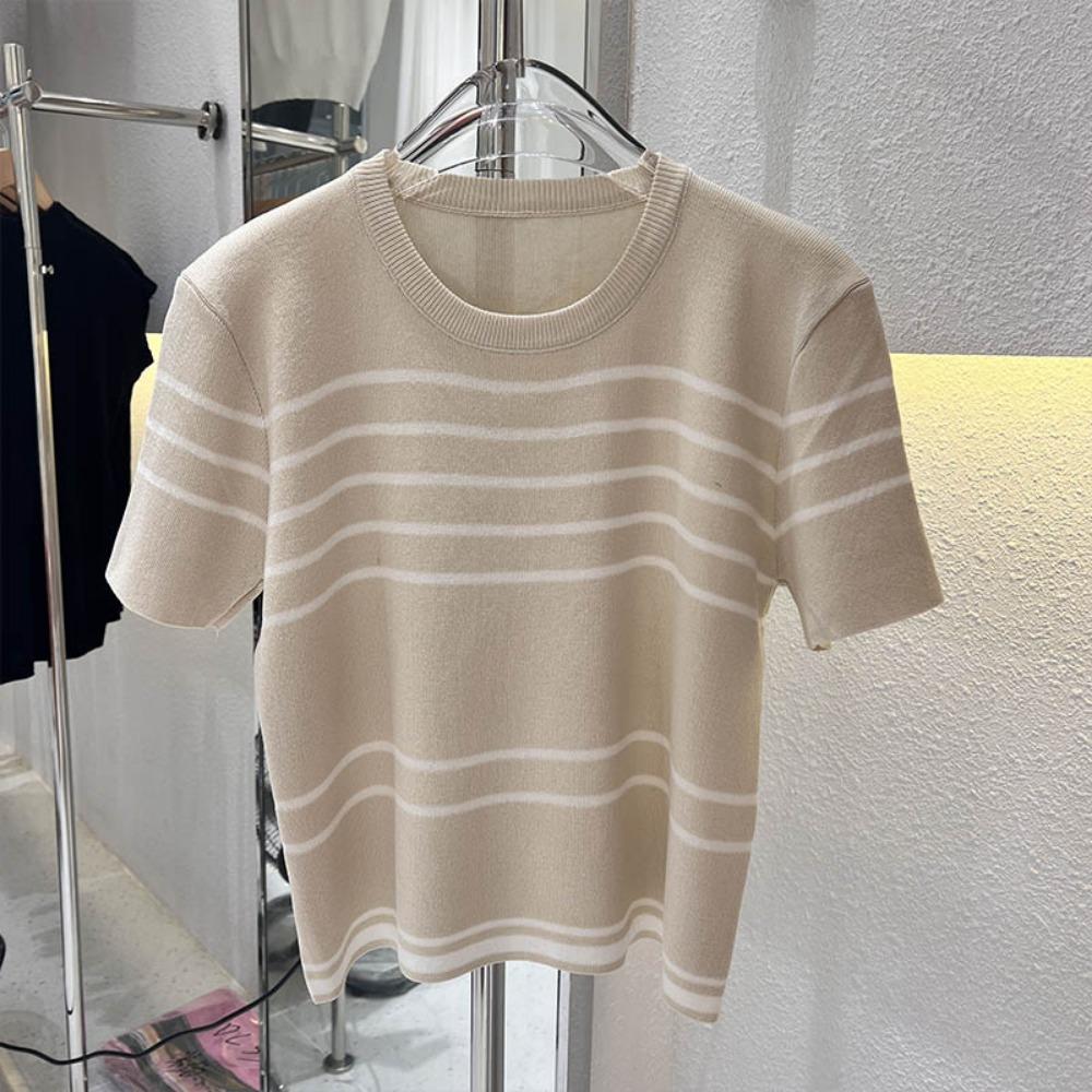Îmbrăcăminte Femei Modă Tricouri Tricotate cu Dungi Mânecă Scurtă Vară Casual Versatile Gât Rotund Subțire Top Doamnă Birou Vintage Tricouri
