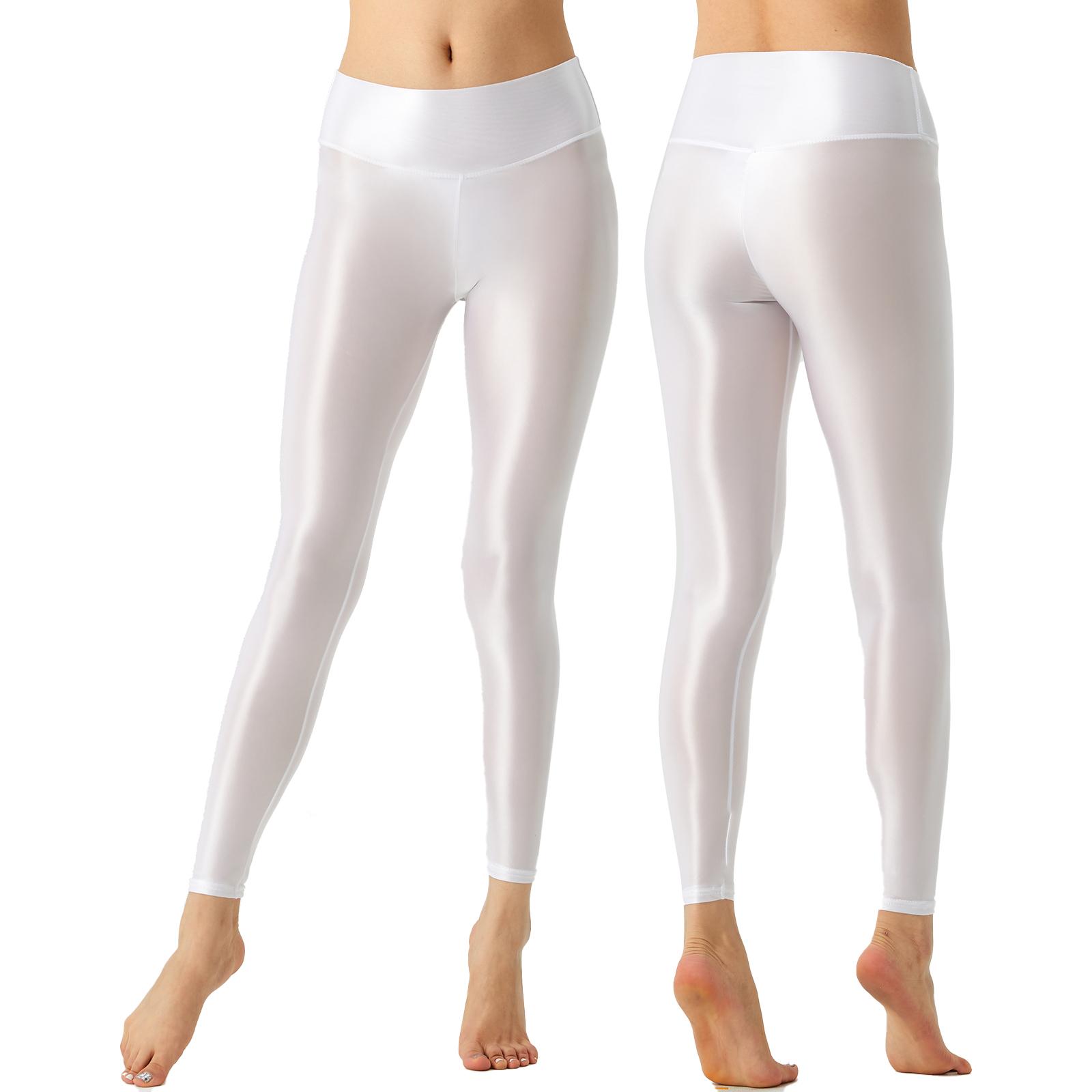 M-XL Damen Leggings mit breitem elastischem Bund Unifarbene glänzende dehnbare Hosen für Yoga Pilates Workout Bodybuilding M weiß