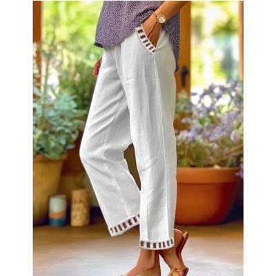 Damen Sommer weiße Tasche Baumwolle Leinen Hose Vintage elastische Taille Hallow Out lässig gerade Hose