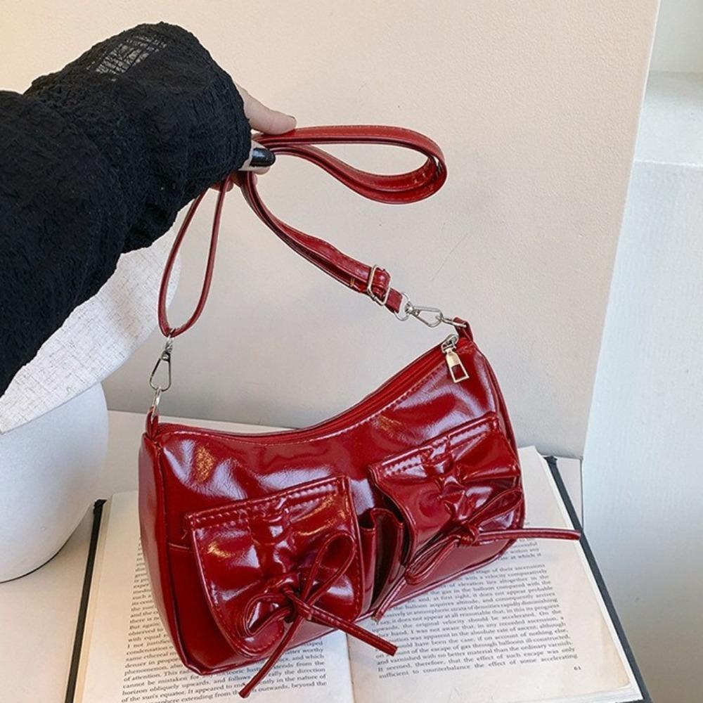 Pleated Bowknot Crossbody Bag Solid Color Pu Dumpling Bag Portable Y2k Shoulder Bag  Dairy