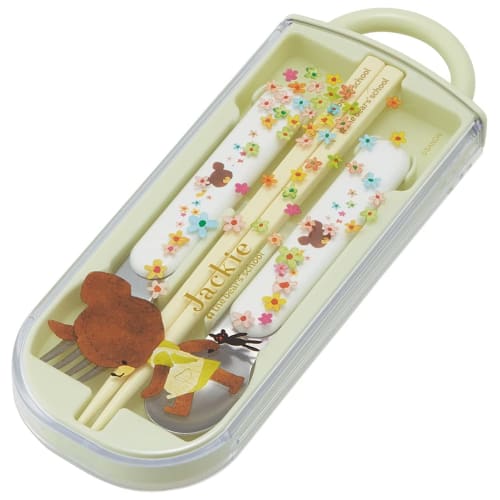Skater Children's Lunch Box Trio Set Chopsticks Spoon Fork Kids Cutlery Antibacterial Treatment Easy to Open Sliding Type Made in Japan Bear School Gi