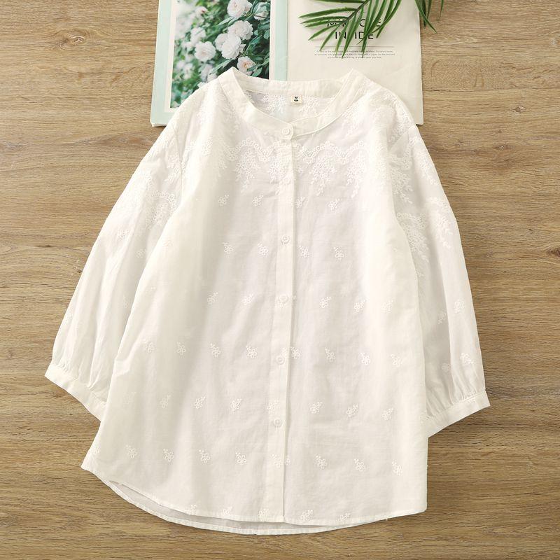 

Women s Commuter Ol Style Stand Collar Cotton White Shirt Women 3/4 Sleeve Loose Simple Embroidered Artistic Shirt Top Summer White M