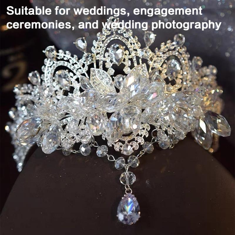 Crystals Bridal Headband with Forehead Chain Adjustable Wedding Crown/Ear Hangers Jewelry for Photography and Ceremony