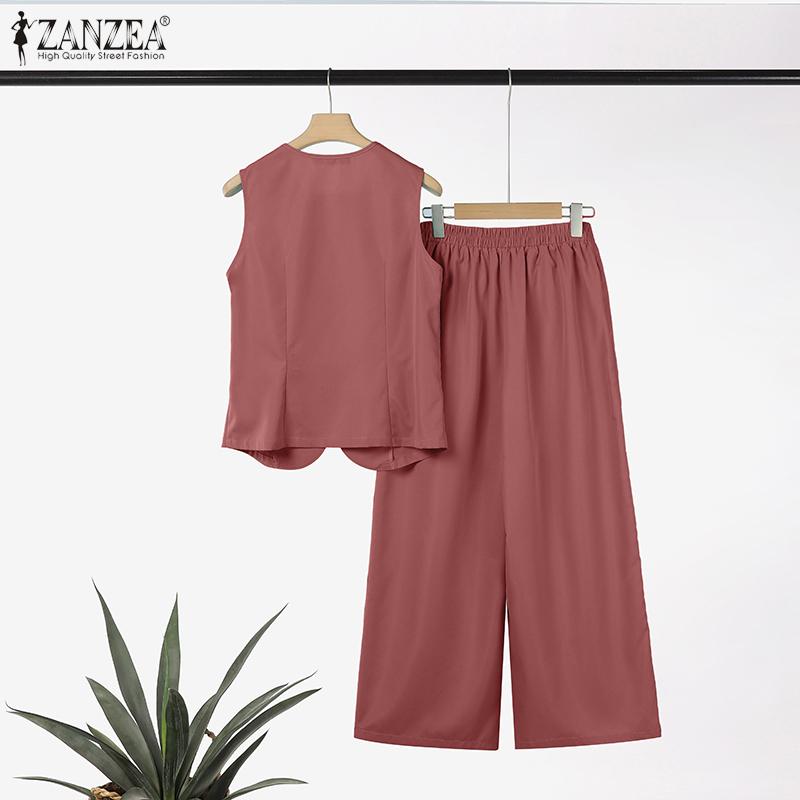 ZANZEA Ärmellose Weste, Oberteile und Hosen für Damen, zweiteiliges Sommer-Set