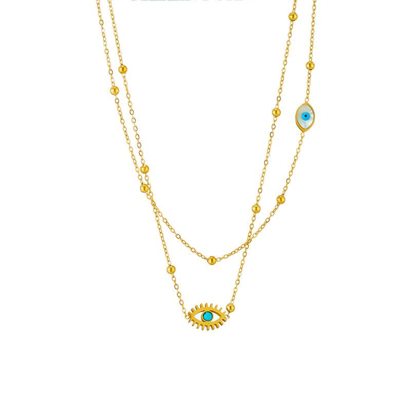Gold Plated Stainless Steel Evil Eye Double Layer Satellite Chain Necklace for Women