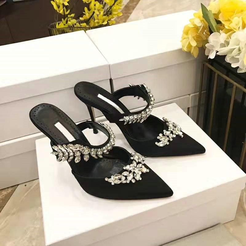 Fashion Beautiful Word With Wheat-Ear Rhinestones Pointed Sandals Silk Satin Covered Head High Heels Half Slipper Woman