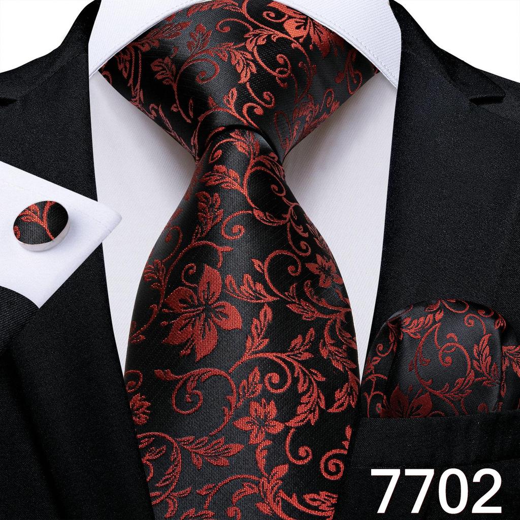 Pánské hedvábné kravaty Černá šedá květinová tkaná kravata Hanky manžetové knoflíčky Set Wedding