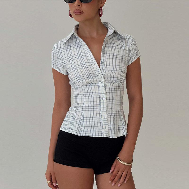 Double Button Women's Sexy Shirt Checkered Pattern Blouses Short Sleeve Slim Top Casual Commuting Fashion Office Lady Summer 2025