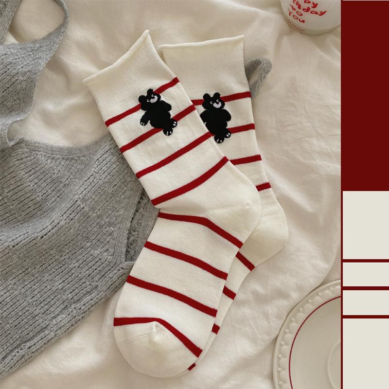 Rolled-up Socks for Women, Autumn Red and White Mid-calf Socks, Cartoon Bear Pile Socks, Striped Boneless Socks