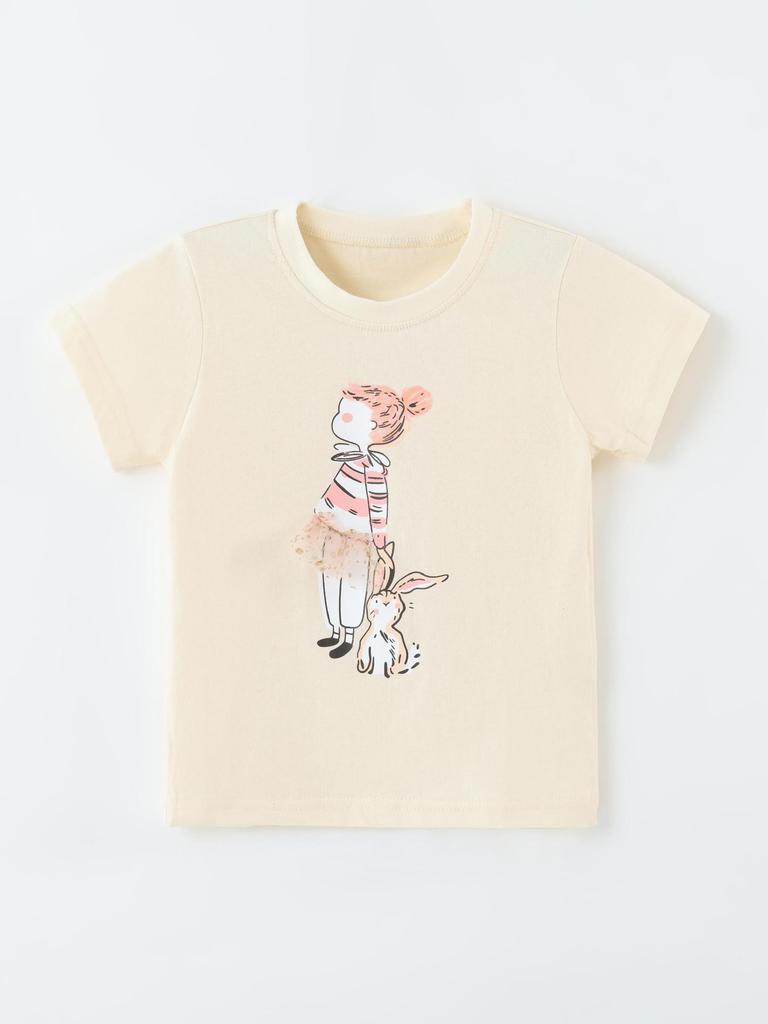 Summer 2026 Girls' Short-Sleeve T-shirt with 3D Rabbit Skirt Print - European and American Fashion