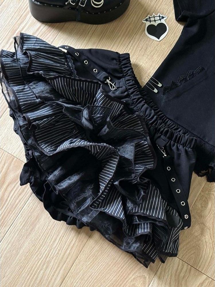 2025 Spring Harajuku Girls Stripe Punk Grunge Skirts Women Y2k Aesthetic High Waist Cake Mini Streetwear Lace Vintage Kawaii Mini Jupe