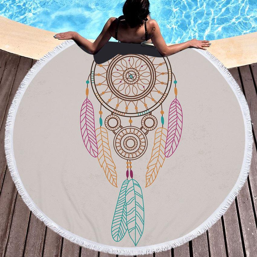 Prosop de Plajă Rotund din Microfibră Boho Dreamcatcher Prosoape Groase pentru Duș Baie Covoraș de Plajă de Vară 550g cu Ciucuri